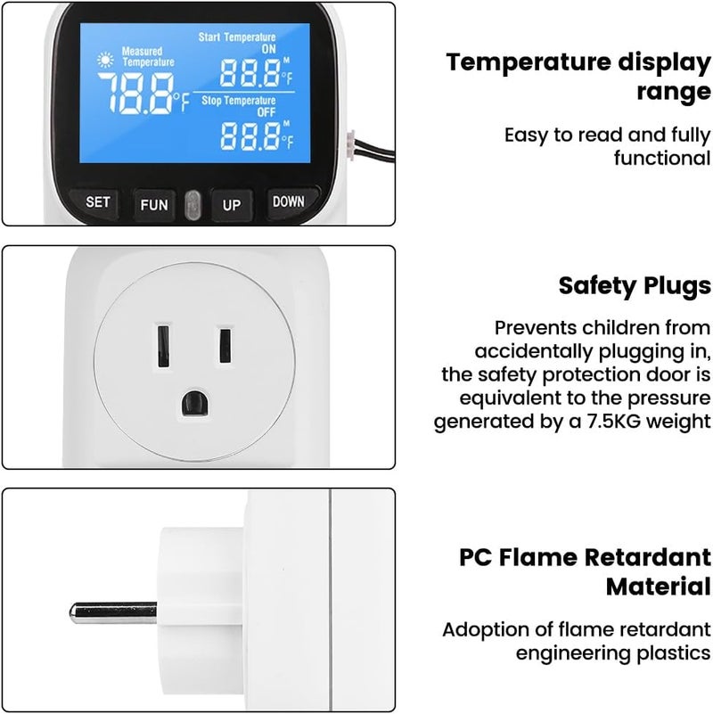 diymore Plug in Digital Thermostat Temperature Controller,1800W,120V / 15A,-104℉~210℉, Heating Cooling Mode Solar Controller Incubator Thermometer Reptile Greenhouse Thermostat Pool Thermometer - Image 4